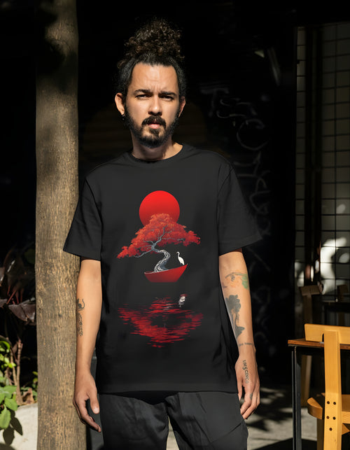 Japanese Bonsai & Crane Art T-Shirt – Zen Minimalist Style